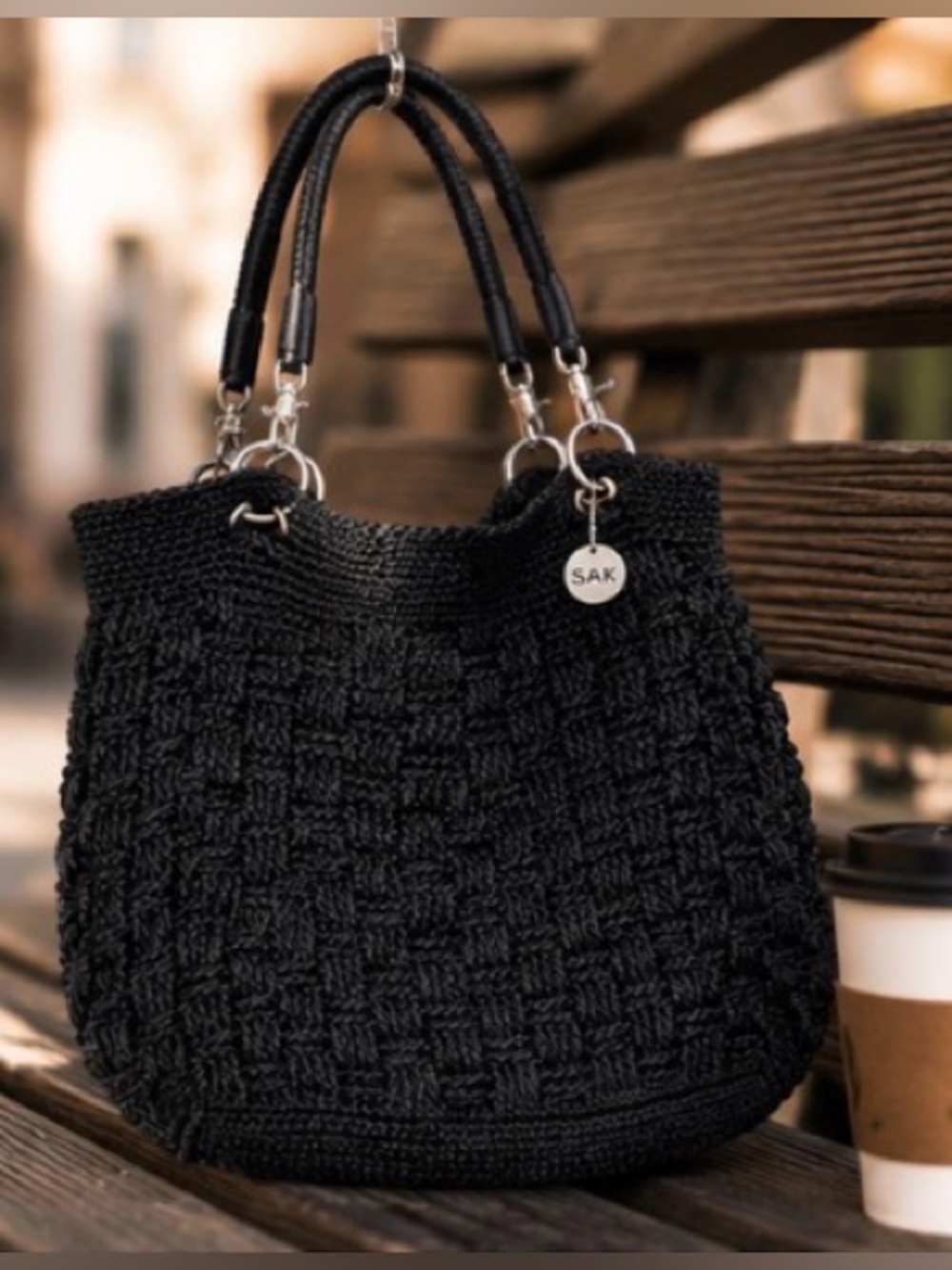 The Sak Black Woven Shoulder Bag with Double Handles